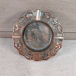 Vintage Bronze Metal Zodiac Sign Korea Bulguksa Temple 7" Round Ashtray Rare